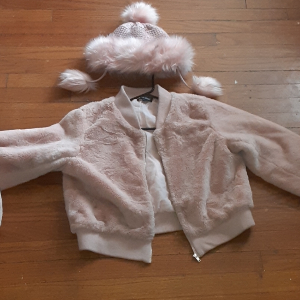 Fux fur hat and jacket to bubble soft pink